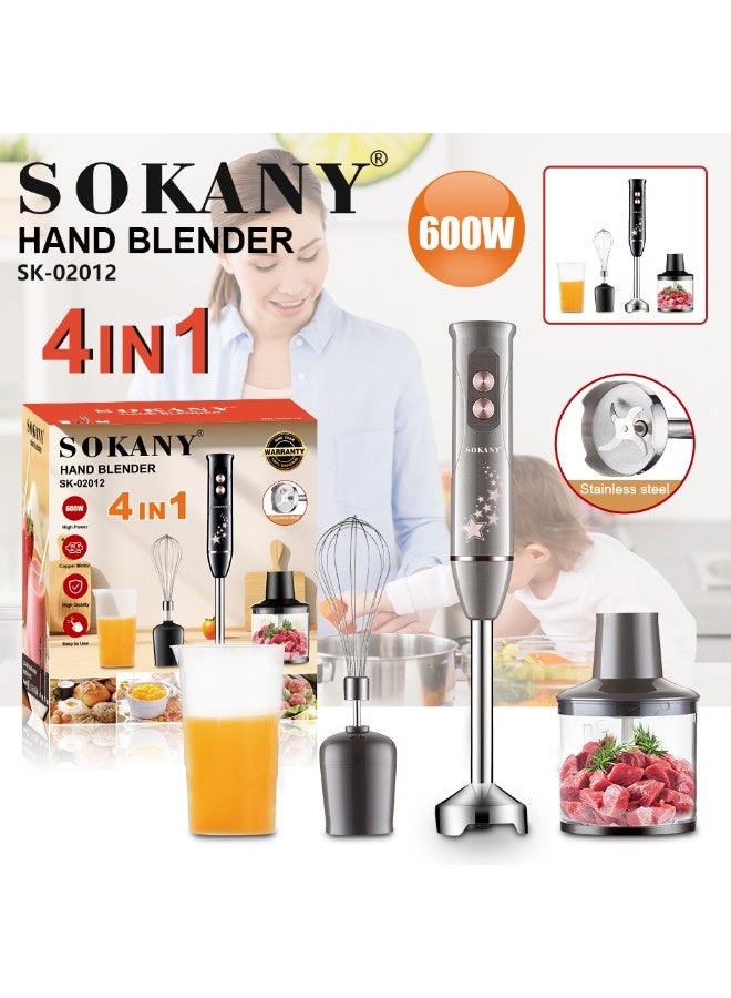 Sokany 4-in-1 Multi-Function Hand Blender 600W (Chopper + Egg Beater + Cup + Hand Blender) – Multicolor – Model SK-02012 - Image 2